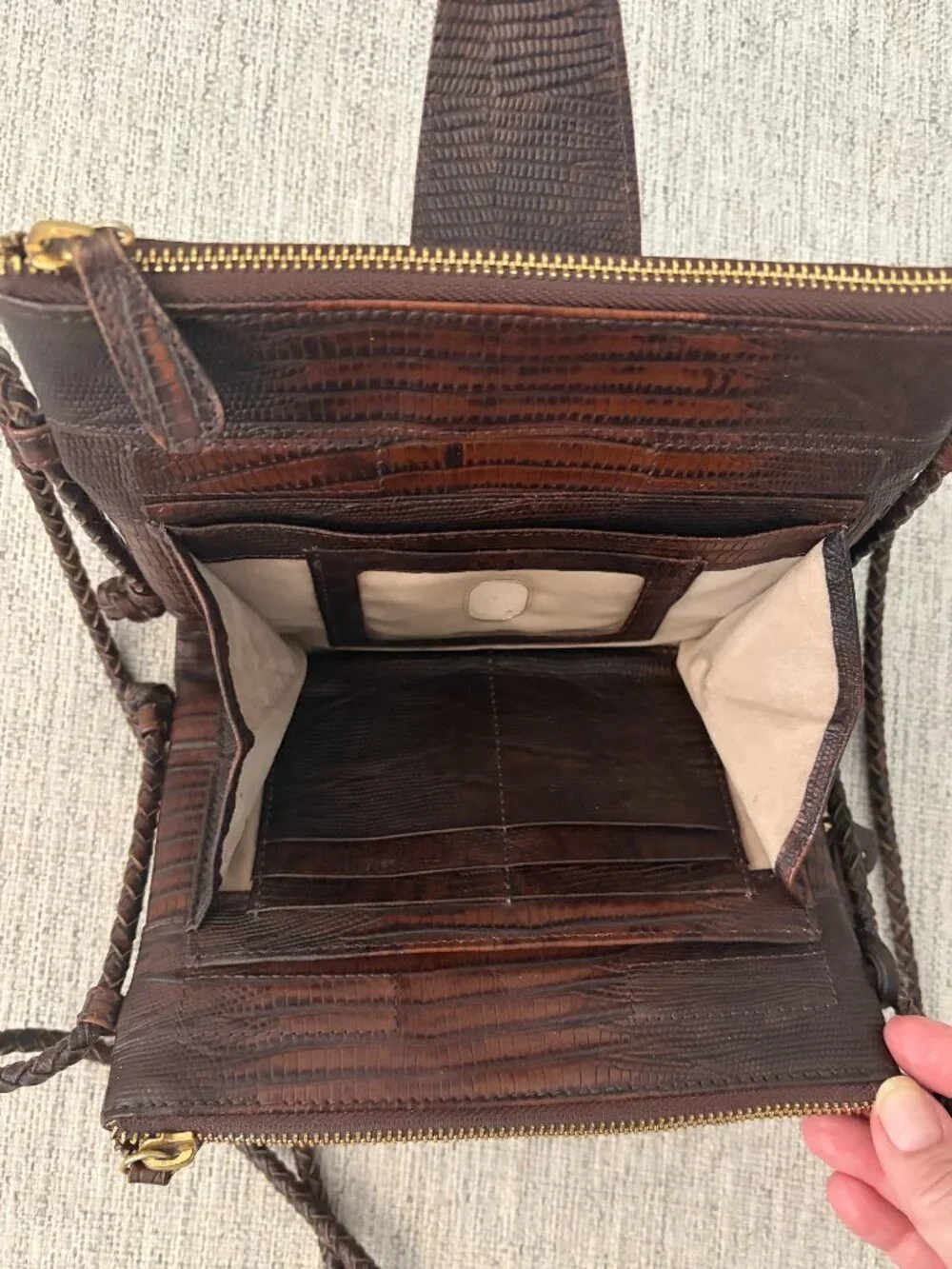 Vintage Brahmin Mojito Braided Strap Crossbody Reptile Embossed Leather Dk Brown - Picture 4 of 14